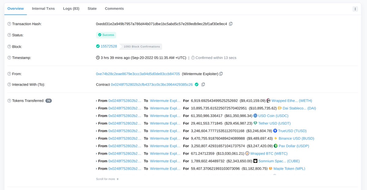 Wintermute was hacked for ~160m a few hours ago.

I took a quick look and my best guess is that it was a hot wallet compromise due to the Profanity bug that was publicly disclosed a few weeks ago.