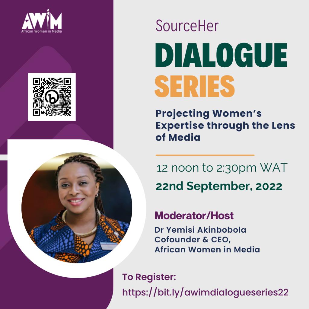 RealAWiM's tweet photo. Join us as we launch SourceHer - AWiMs Database of African Women Experts on Thursday, 22 September, 2022, with AWiM's first Dialogue Series - Projecting Women's Expertise through the Lens of Media.
To join us, click on this https://t.co/a9I4gQ0kWg

Time: 12pm WAT

#SourceHer! https://t.co/btnqKQkFXw