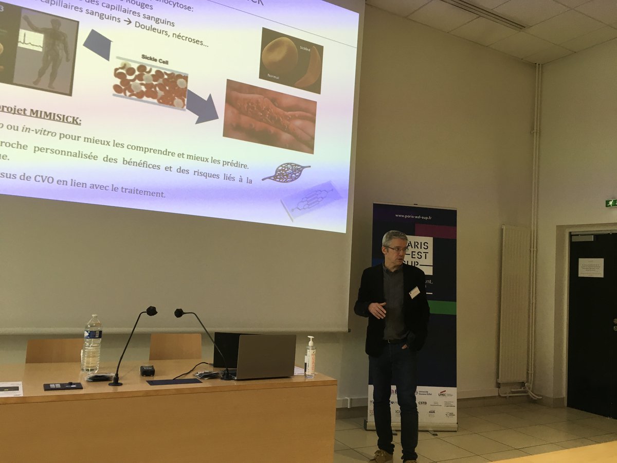 ParisEstSup's tweet photo. 🗨️ Présentation du projet MIMISICK - Puce microfluidique mimétique du réseau microvasculaire pour l’imagerie du comportement rhéologique de globules 🎙️Olivier Français (#ESYCOM @ESIEEPARIS @UGustaveEiffel) ℹ️ Plus d'informations : https://t.co/vqew5NmijH #JSParisEst https://t.co/IBMymwW0mT