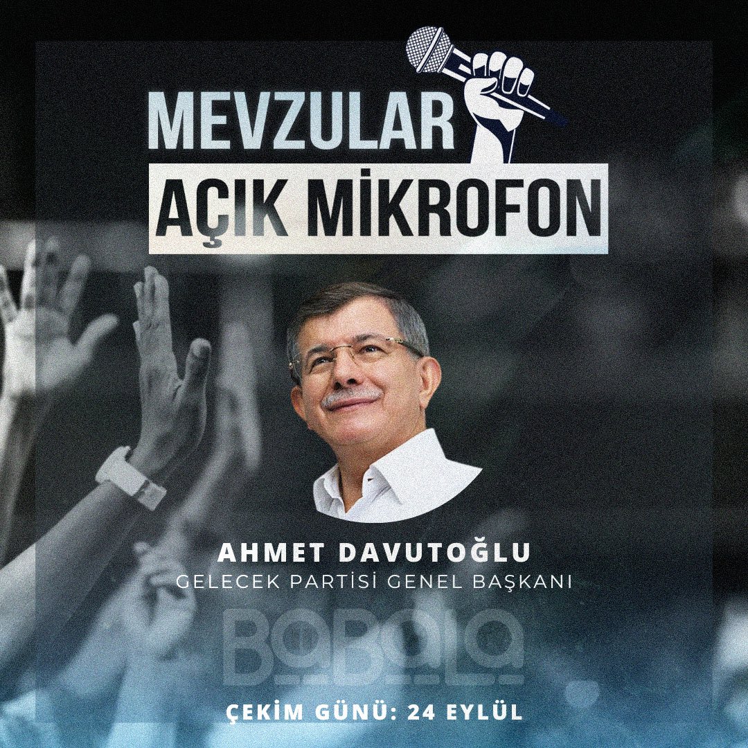 Mevzular Açık Mikrofon’da soru sormak isterseniz bu postun altına #sorumvar yazın ve ekip arkadaşlarımız size ulaşsın.
-Mevzular Açık Mikrofon 5. Bölüm Gelecek Partisi Genel Başkanı Ahmet Davutoğlu’nun katılımıyla gerçekleşecektir. <a href="/OguzhanUgur/">Oğuzhan Uğur</a> 
<a href="/Ahmet_Davutoglu/">Ahmet Davutoğlu</a>