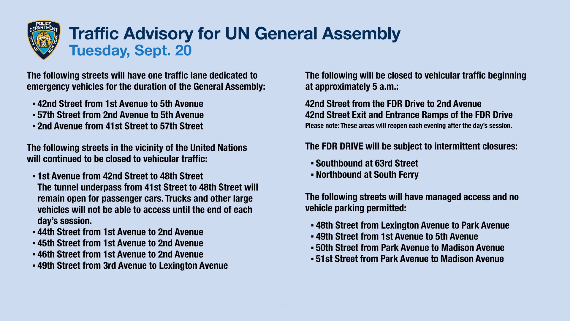 NYPD NEWS on Twitter "Due to the UN General Assembly, there will be