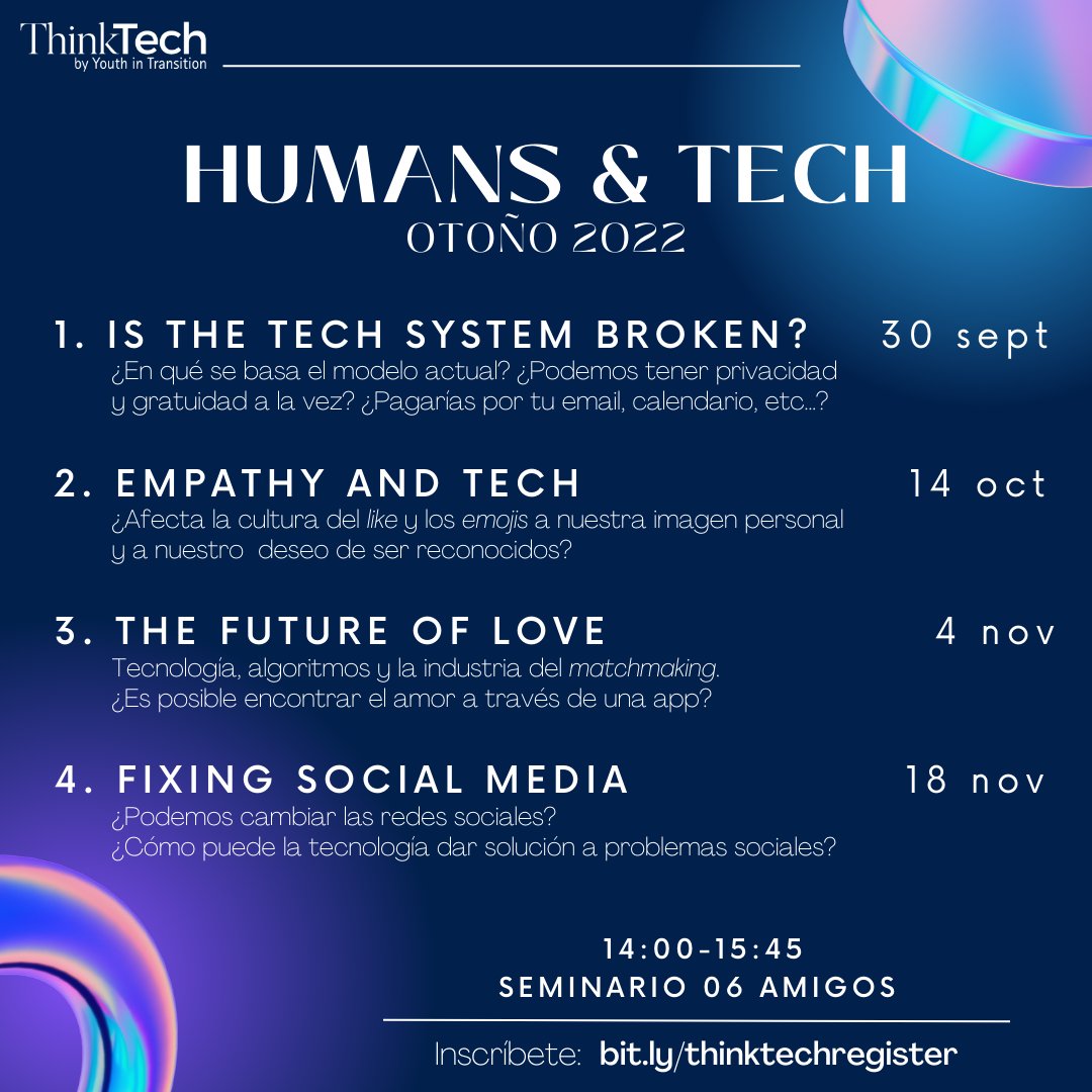 YouThinkTech's tweet photo. Comienza un nuevo curso, y ¡la tecnología no para! Se da el puntapié inicial a un nuevo semestre de ThinkTech, de mucha reflexión, debate, aprendizaje, comunidad y muchas cosas más. Inscríbete en este formulario https://t.co/zxnIdSNnIQ (cupos limitados) ¡Te esperamos! https://t.co/E5vQGfZic9