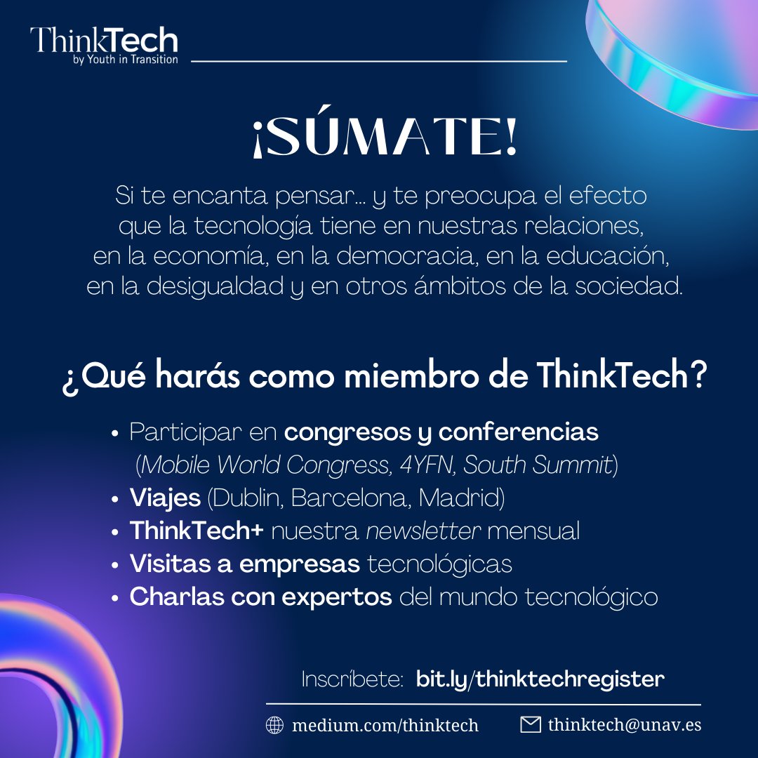 YouThinkTech's tweet photo. Comienza un nuevo curso, y ¡la tecnología no para! Se da el puntapié inicial a un nuevo semestre de ThinkTech, de mucha reflexión, debate, aprendizaje, comunidad y muchas cosas más. Inscríbete en este formulario https://t.co/zxnIdSNnIQ (cupos limitados) ¡Te esperamos! https://t.co/E5vQGfZic9