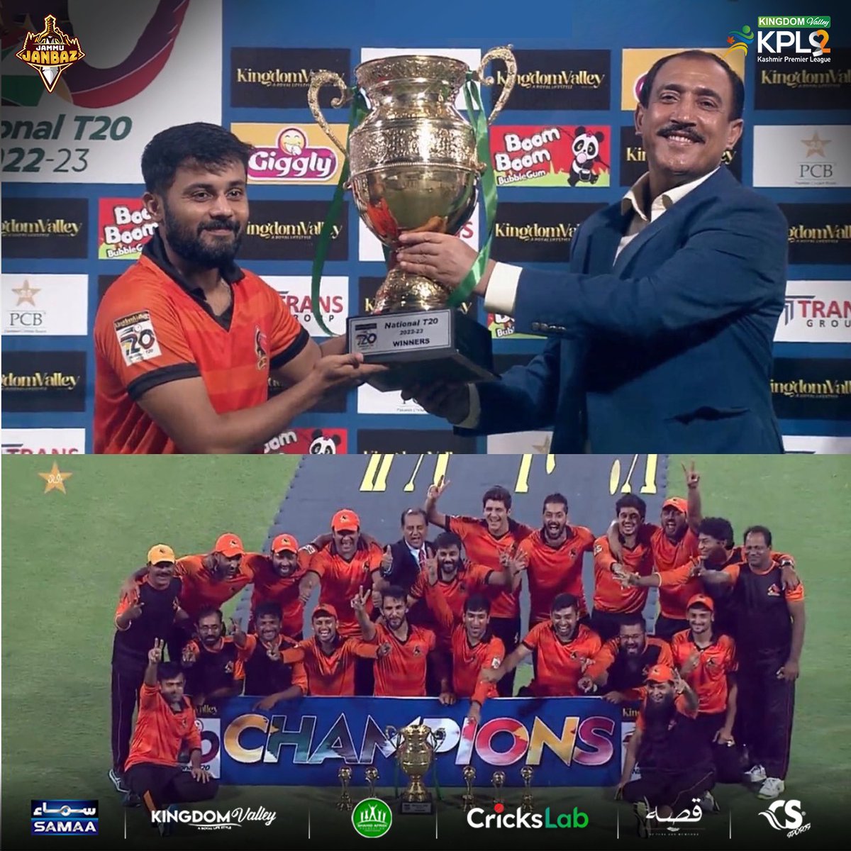 JammuJanbaz's tweet photo. The Chairman Kingdom Valley &amp; Jammu Janbaz, Mr. Ghulam Hussain Shahid is handing over Kingdom Valley National T20 2022-23 trophy to Sindh's captain @saudshak. 

#JammuJanbaz #CricksLab #KingdomValley #GharWaliBaat #KhelJanBaazoKa #Pakistan #CricketTwitter https://t.co/VKACuYRC9S