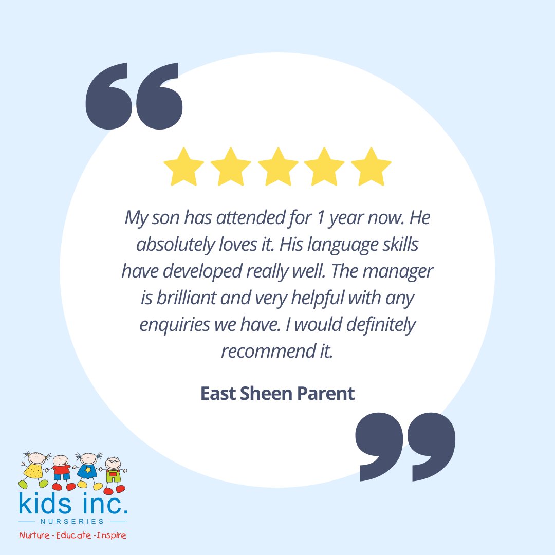 KidsIncUK's tweet photo. Thank you to our East Sheen parent for leaving such a wonderful @daynurseriesuk review! #ParentQuote #Testimonial #Nursery #Childcare https://t.co/NehPQDSFal