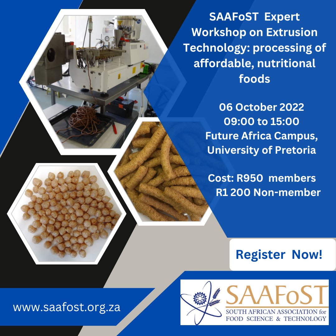 SAAFoSTofficial's tweet image. SAAFoST Expert Workshop on Extrusion Technology: processing of affordable, nutritional foods. Register now at tinyurl.com/3u5hx8k2?platf…. View speaker profiles at tinyurl.com/2p8a745v?platf… and the programme at tinyurl.com/2p8dcsz7?platf…. #saafostconnect #expertworkshop #thursday
