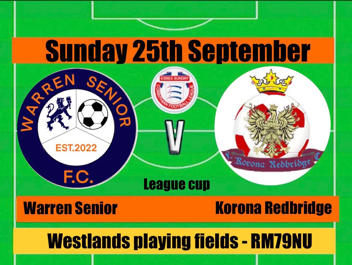 League cup match on Sunday vs Korona Redbridge FC. 10:30AM kick off. Up the Warren 💪⚽️💙