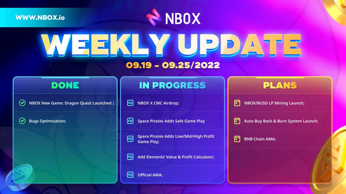NboxOfficial's tweet photo. 🔔#NBOX Weekly Update🔔

✨Updates:

✅ NBOX 4th Game: Dragon Quest Launched
✅Bugs Optimization

✨Coming up next:

✅CMC X NBOX Airdrop⤵️
https://t.co/C7Xz0JDwpk

For more information join⤵️
https://t.co/3VIMHdRAVv

#NFTGame #NFTGiveaway #NFTs https://t.co/jJpNjMopEs