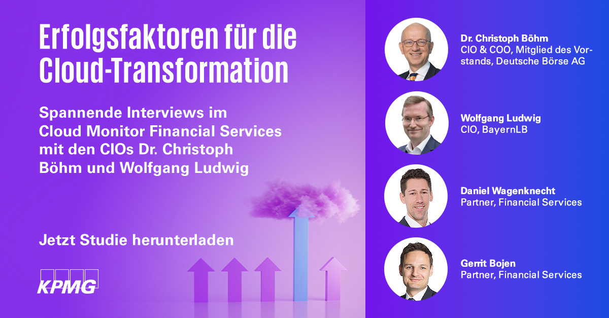 KPMG_DE's tweet photo. Wollen Sie wissen, warum die #Finanzwirtschaft auf die #Cloud setzt? In unserem neuen Cloud-Monitor lassen wir die CIOs der Deutsche Börse und der BayernLB zu Wort kommen. Die Interviews finden Sie hier: https://t.co/bAhH6ocppU https://t.co/0oJroz3bgD