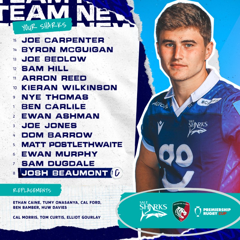 SaleSharksRugby's tweet photo. 𝗧𝗘𝗔𝗠 𝗡𝗘𝗪𝗦 | 🦈 v 🐯

Here are #YourSharks to face @LeicesterTigers in the @PremRugby Cup tonight! 👇

Senior Academy coach Gareth Harris picks a steady mix of youth and experience as the boys look to get off to a flying cup start at the AJ Bell! 👊

#SALvLEI