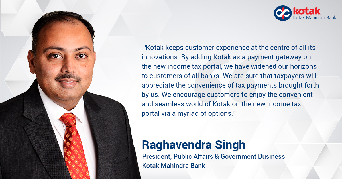 KotakBankLtd's tweet photo. We are happy to be listed as a payment gateway on the new Income Tax e-filing portal, thus becoming one of the first banks to enable customers of any bank to pay direct taxes via various modes.
Know more: https://t.co/onRh4q4zZ1
#KotakMahindraBank https://t.co/5Wgm9hSNH3
