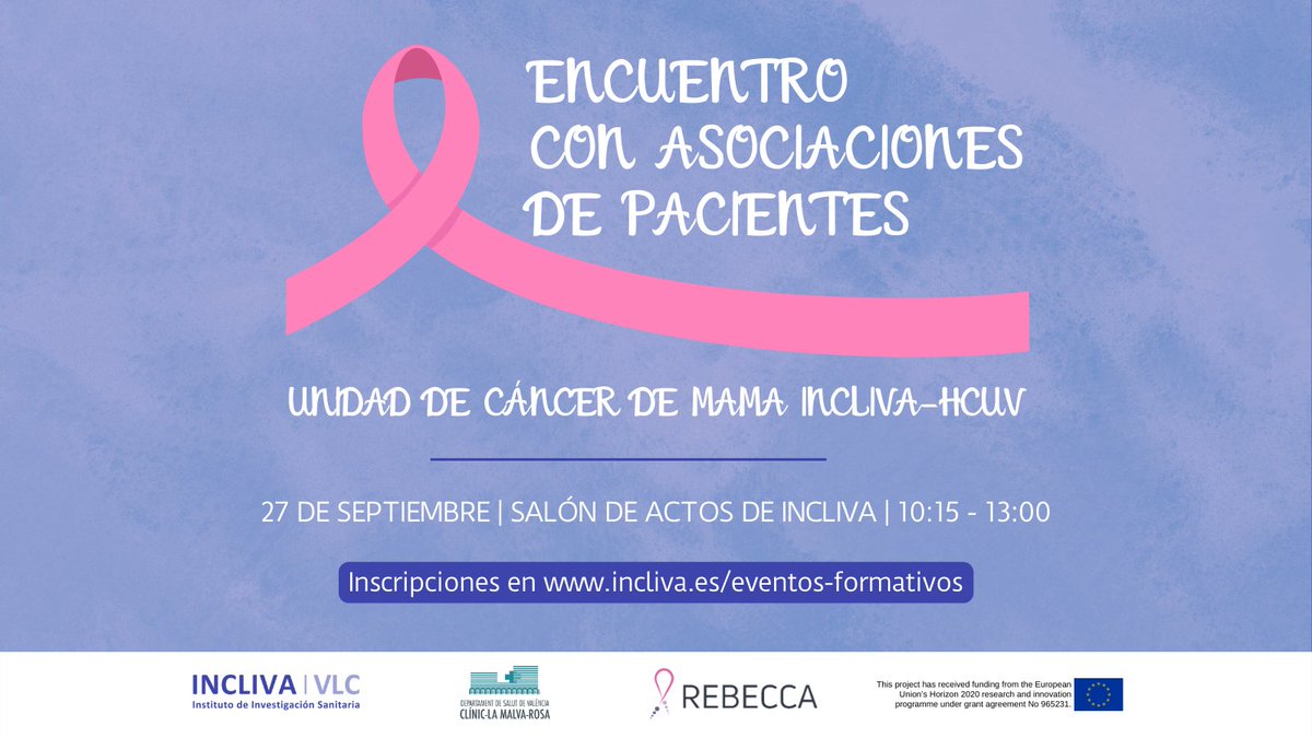 El próximo 27/09 celebramos un encuentro con asociaciones de pacientes para acercar la investigación que se realiza en la Unidad de #CáncerdeMama del <a href="/GVAclinic/">Hospital Clínic de València</a> y el Grupo de Biología Molecular en Cáncer de mama de INCLIVA. 

Programa e inscripciones: incliva.es/events/encuent…