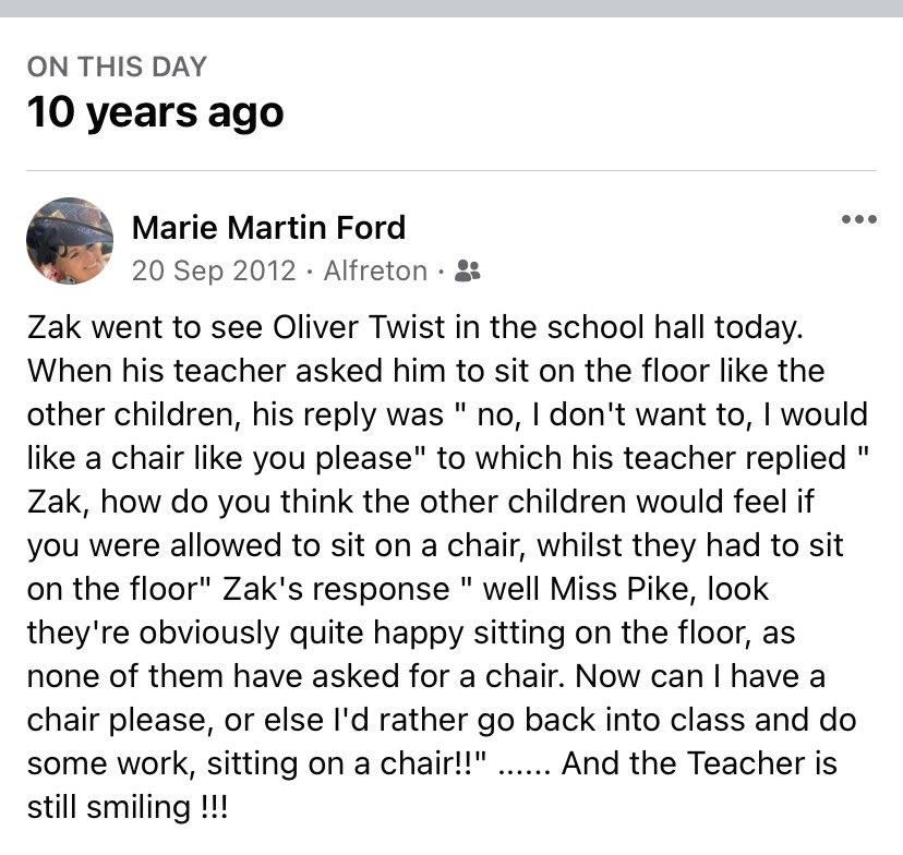 martinimarie's tweet photo. Facebook memories flooding back from a very young say it how it is Zak!! #Autism #WellMannered ⬇️⬇️⬇️🤣😂🤣 https://t.co/HhFsPip8TE