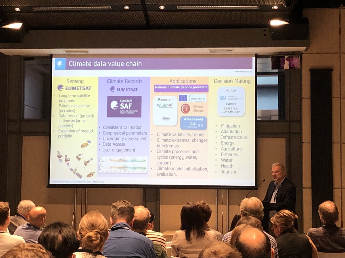 LotharSchueller's tweet photo. The @eumetsat climate data value chain in place to suppot research and climate services as introduced by @JSchulz_EUM at the #emsc2022. SAF Network as an essential component. https://t.co/gaTq37TCLb