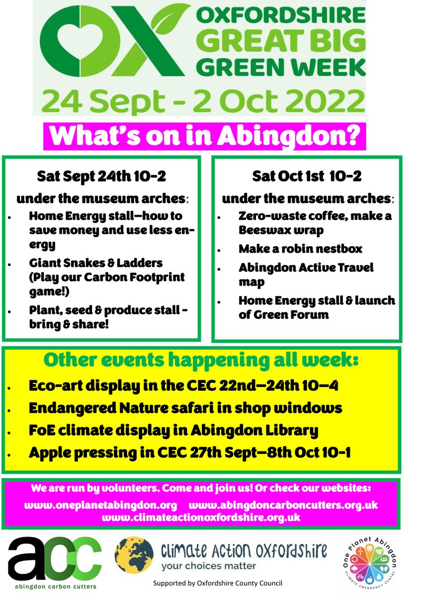 abingdongreens's tweet photo. Our friends over @AbCarbonCutters and @1PlanetAbingdon are taking part in Oxfordshire Great Big Green Week, starting this Saturday. See their poster for details. https://t.co/ydJooZfHGh