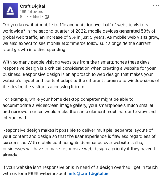 With so many people visiting websites from their smartphones these days, responsive design is a critical consideration when creating a website for your business. 

Read more about why responsive web design is so important on our Linkedin: linkedin.com/feed/update/ur…