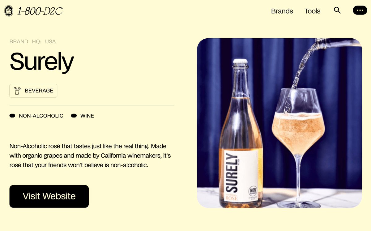 The cofounders of <a href="/DrinkSurely/">Surely Wines</a> met in 2018 and decided to create delicious, NA wine. They have 3 flavors and now offer their signature drinks in cans!

🎨<a href="/MotionApp_/">Motion</a> Creative Analytics
📸<a href="/minisocial/">Mini Social</a> UGC
🚀"GrowLTV" Upsell
💡<a href="/Intelligems/">Intelligems</a> price A/B testing

1800d2c.com/brand/surely