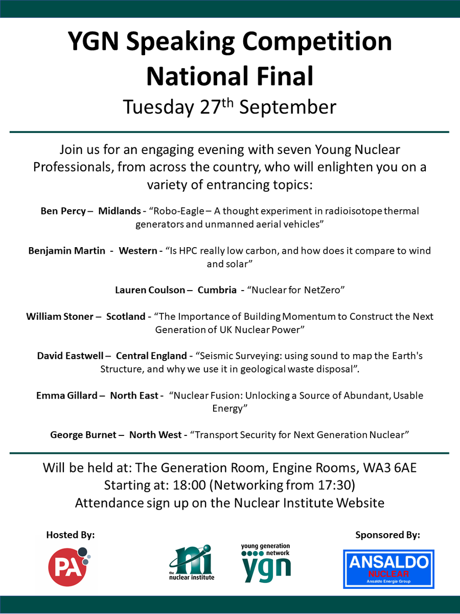 NI_YGN's tweet photo. Following the postponement of all Nuclear Week in Parliament events, we have now rescheduled the YGN Speaking Competition to 27th September at the Engine Rooms at Birchwood Park, Warrington. 

Please email chair.ygn@nuclearinst.com if you would like to attend. https://t.co/0MFh1x6n4p