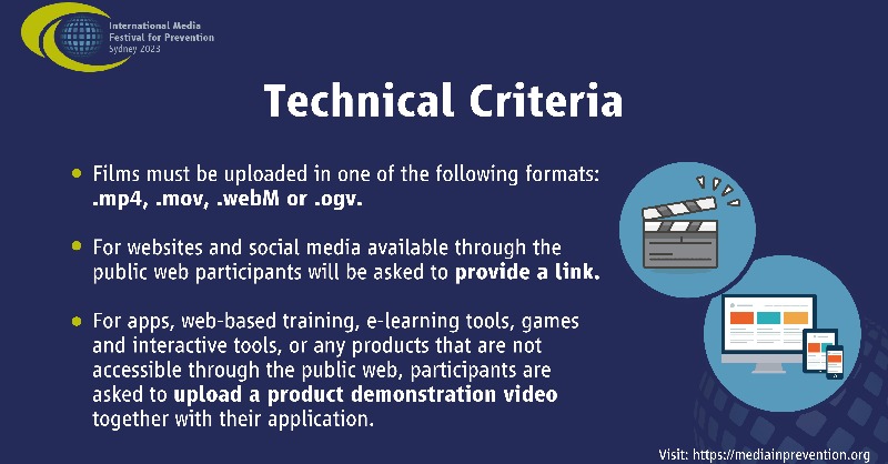IMFP2023's tweet photo. We would like to share with you other criteria that are very important when submitting your media products to the IMFP. Below you can take a look at the technical criteria your submission must meet. 

Registrations are now open until 28 February 2023. Register now!