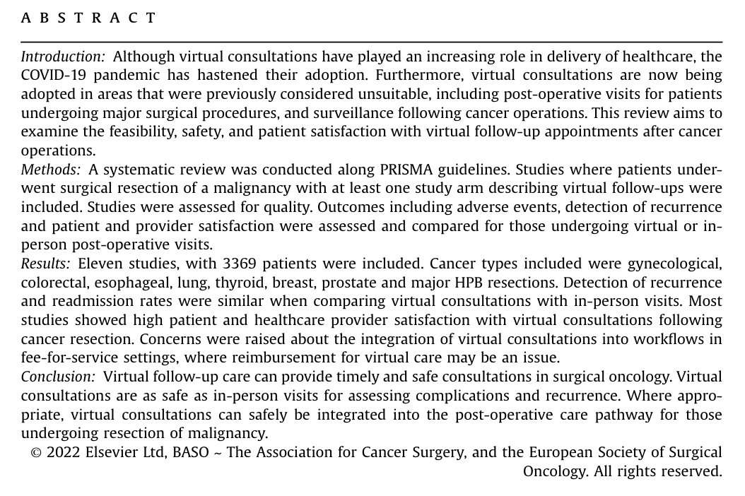 The safety and acceptability of using telehealth for follow-up of patients following cancer surgery: A systematic review 

<a href="/jonyeung/">Jonathan Yeung</a> <a href="/jarlobolger/">Jarlath Bolger</a> <a href="/UHN_Surgery/">UHN Sprott Department of Surgery</a> 

<a href="/ESSOnews/">European Society of Surgical Oncology (ESSO)</a> @OncologyAdvance <a href="/me4_so/">SoMe4Surgery</a> <a href="/CAGS_ACCG/">Cdn General Surgeons</a> <a href="/_CSSO/">Canadian Society of Surgical Oncology</a> <a href="/cancersociety/">Canadian Cancer Society</a> 

#SurgOnc #TeleHealth

bit.ly/3DDGion