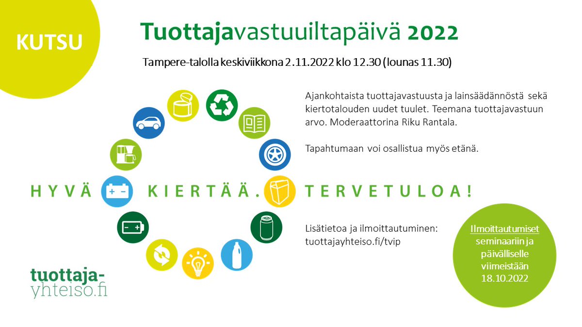 TYnvtk's tweet photo. Tervetuloa 2.11.2022 Tuottajavastuuiltapäivään Tampereelle! 

Päivän aikana pohditaan ajankohtaisten lainsäädäntöasioiden lisäksi tuottajavastuun arvoa monesta näkökulmasta. Ilmoittautumaan pääset linkistä 👇. #TVIP22 #tuottajavastuu #kiertotalous

https://t.co/lQdCeJ6wxM https://t.co/40EziyH5hm