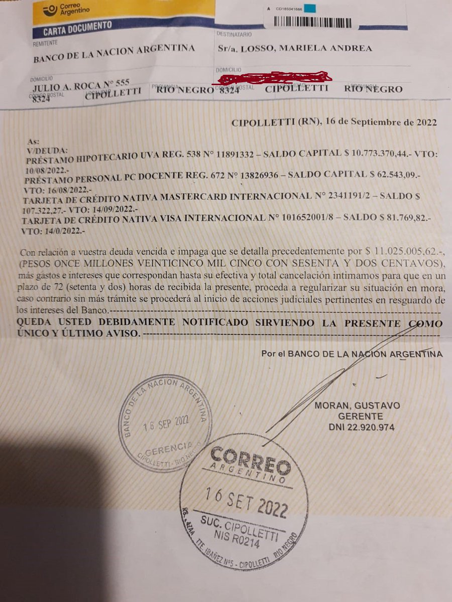 UsuraUVA's tweet photo. Banco Nación enviando Carta documento #EstafadosUVA. Sabrá Pesce @BancoCentral_AR lo q pasa en la sucursal Cipolletti del @BancoNacion?
Hace 2 semanas dijo que no había casos judicializados. No miren para otro lado, miren a los #HipotecadosUVA @SergioMassa https://t.co/1H4rgiBRKe