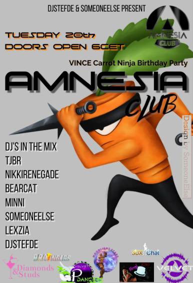 🥕 It’s 🥕Vince🥕 the Carrot Ninjas birthday today  and to celebrate Amnesia is getting its Carrot on great brat line up <a href="/Stefano38360798/">DjStefDE3dxchat</a> <a href="/DTjbr3dx/">TJBR3DX</a> <a href="/Minni3dx/">Minni</a> <a href="/renegade_nikki/">Nikki Renegade 3dx</a> <a href="/Bearcatt83/">BearCat</a> <a href="/3dxchat/">3DXChat</a> 🥕