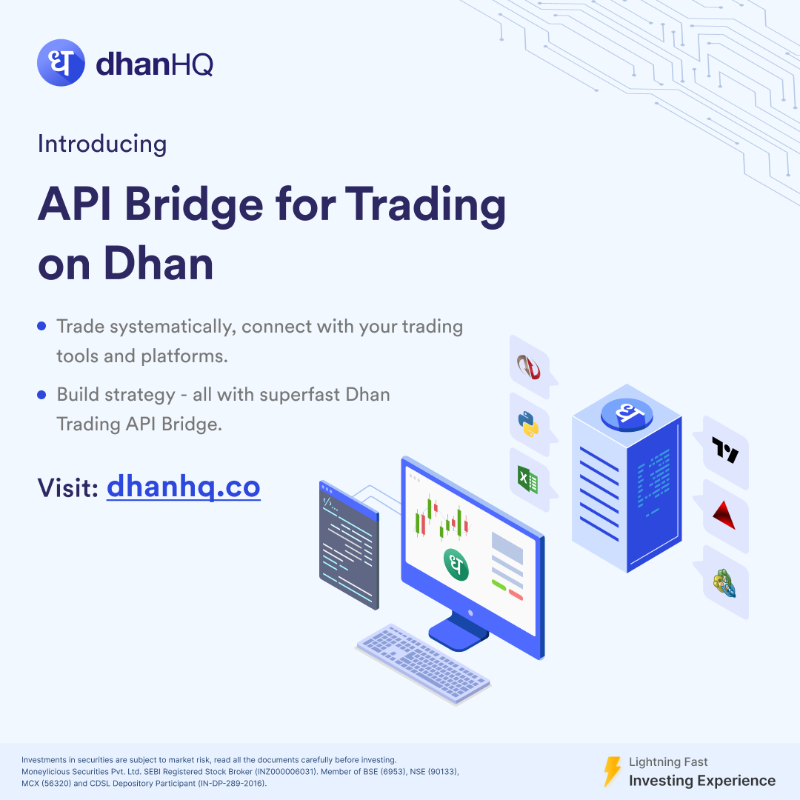 DhanHQ's tweet photo. Trade systematically with API Bridge on Dhan, connect with your trading tools and platforms.

Build strategy with Dhan Trading API Bridge