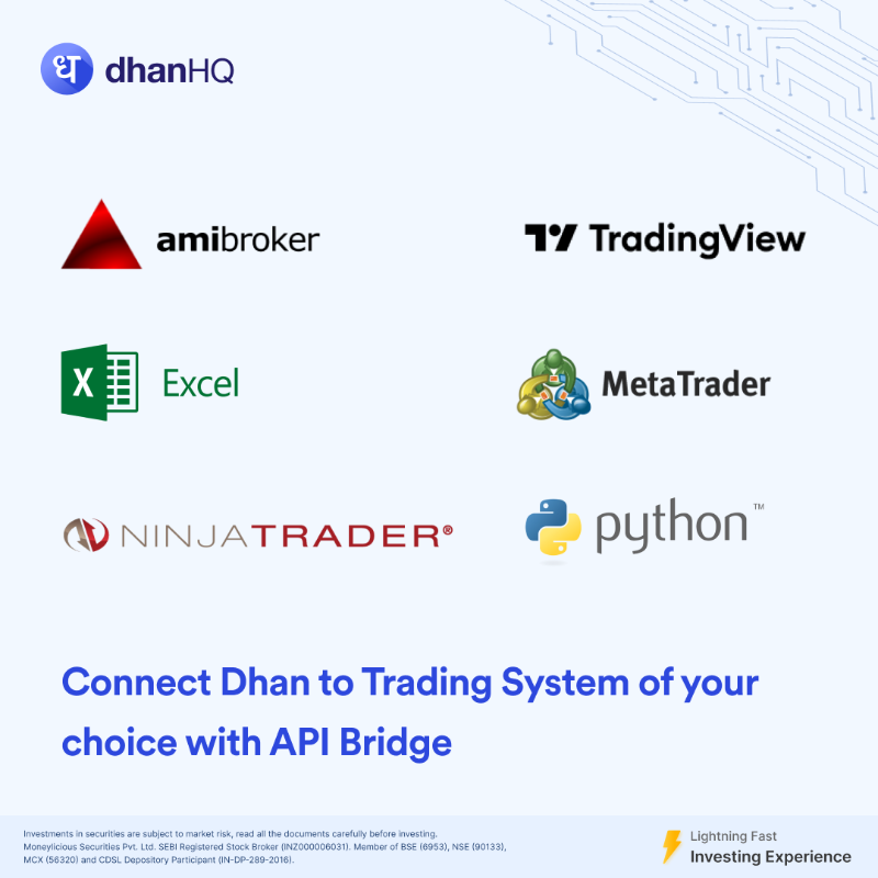 DhanHQ's tweet photo. Trade systematically with API Bridge on Dhan, connect with your trading tools and platforms.

Build strategy with Dhan Trading API Bridge