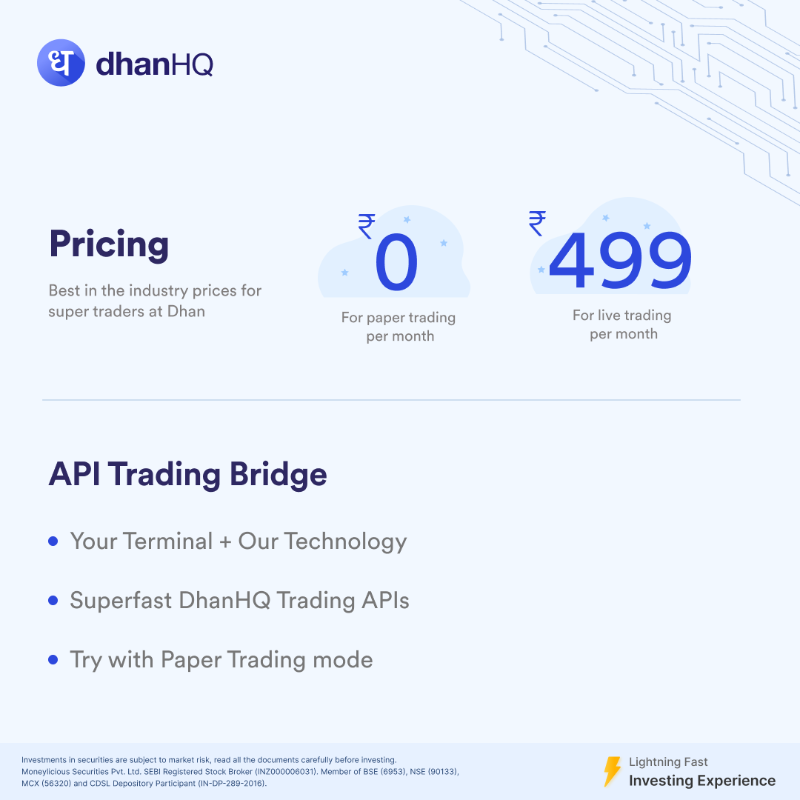 DhanHQ's tweet photo. Trade systematically with API Bridge on Dhan, connect with your trading tools and platforms.

Build strategy with Dhan Trading API Bridge
