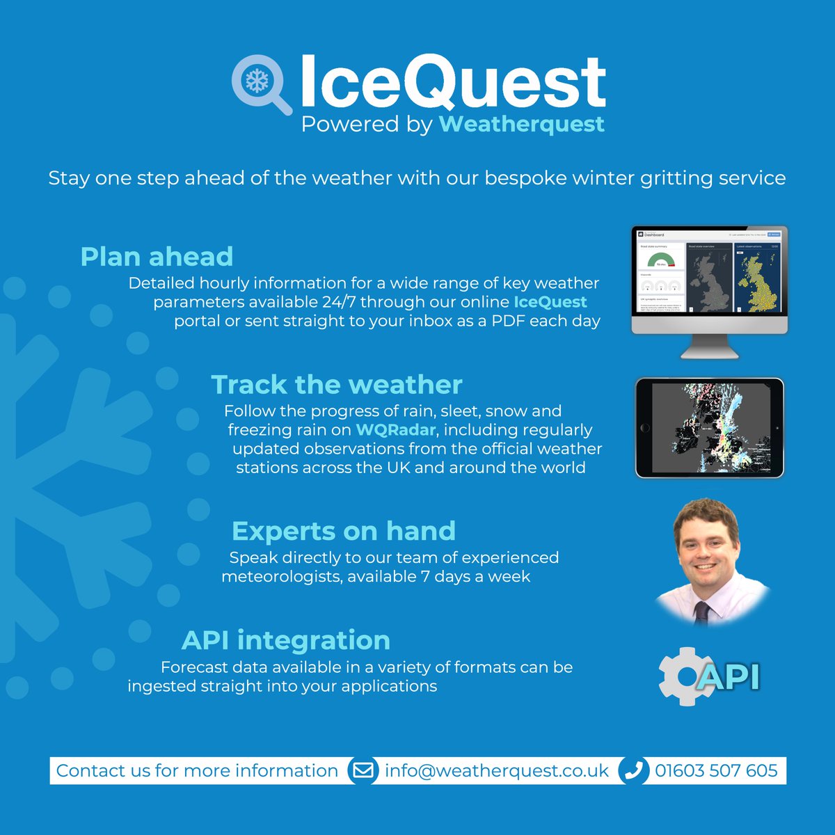 Parts of the UK experienced their first frost of the season over the weekend - and with winter approaching it’s never too early to plan ahead 🥶

Stay one step ahead of the weather with IceQuest, the bespoke winter gritting service from Weatherquest ❄️

#winter2022 #snow #ice