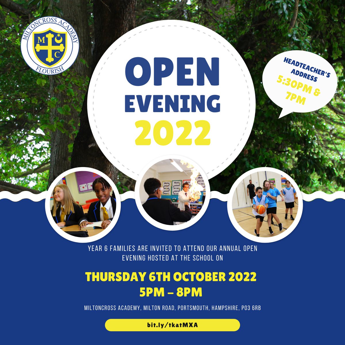 Our annual Open Evening is fast approaching!

Y6 families are invited to visit the school site on Thurs 6th Oct 22 5pm & 8pm to tour our facilities, chat with our amazing staff, & get a glimpse at life at Miltoncross Academy.

We can't wait to see you there!

#WeAreMiltoncross