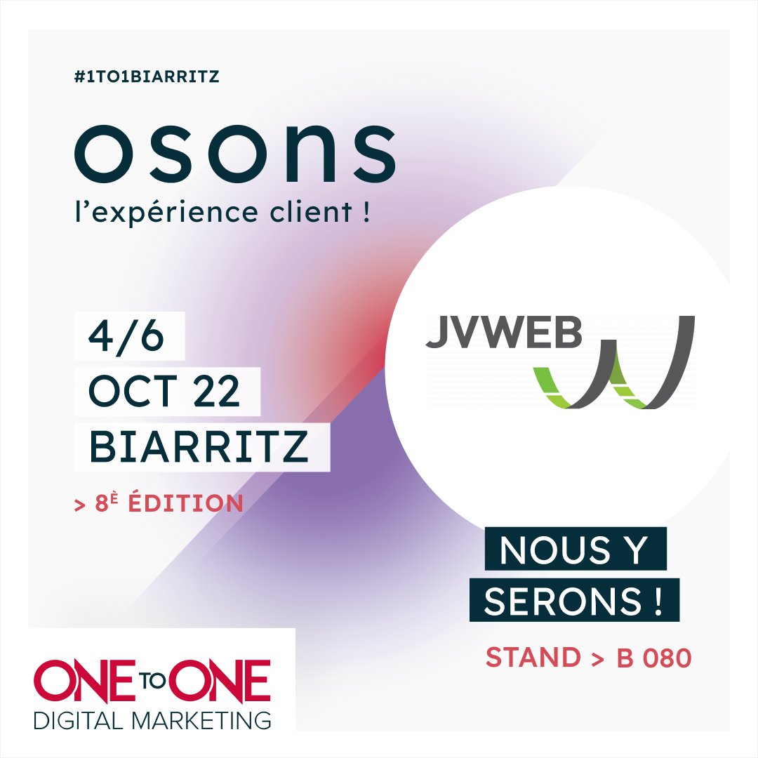 jvweb's tweet photo. JVWEB sera présent 🙋♂️ au One to One Digital Marketing Biarritz 2022, du 4 au 6 Octobre.
👋 Retrouvez-nous sur notre stand B 080, ou contactez-nous pour un one-to-one !
"Osons l'expérience client !"
#jvweb #1to1Biarritz #seo #sea #sma https://t.co/zc7f9UQWwc