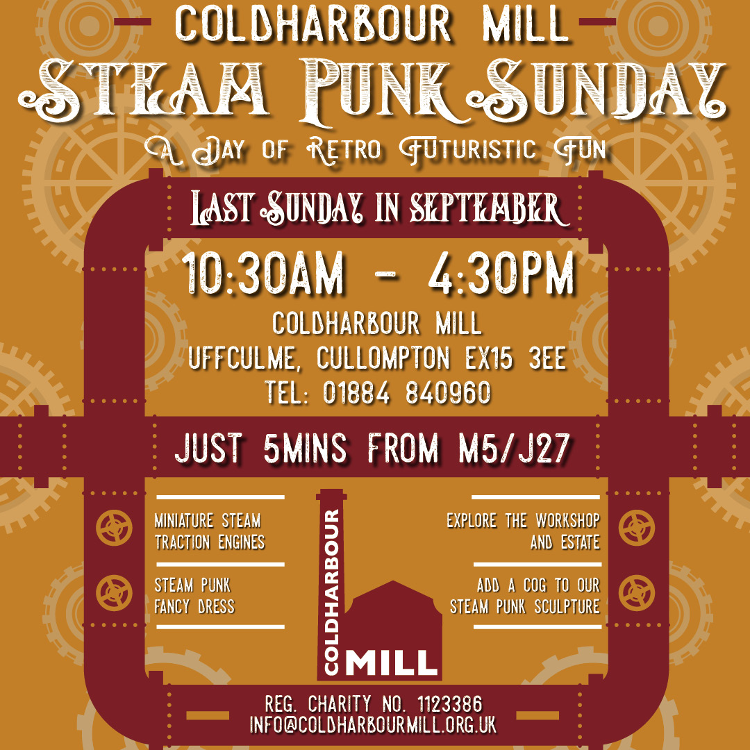 💨 STEAM PUNK SUNDAY 💨
A day of retro-futuristic fun! 🤠
Come along to our fantastic Steampunk themed Steam Day 🎩 | Sunday, September 25th, 10:30am-4:30pm #steam #steampunk #devon #Mill