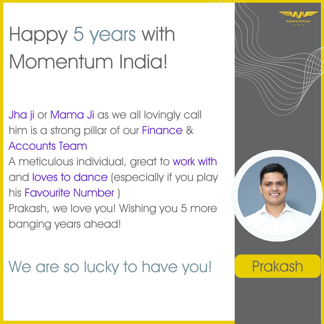 Momentum_India's tweet photo. We extend our heartiest congratulations to Prakash on setting yet another milestone in his journey with Momentum India
Cheers to his half-decade with us!
#Milestone #recognition #team #5years #Workanniversary https://t.co/rteP9YG98B