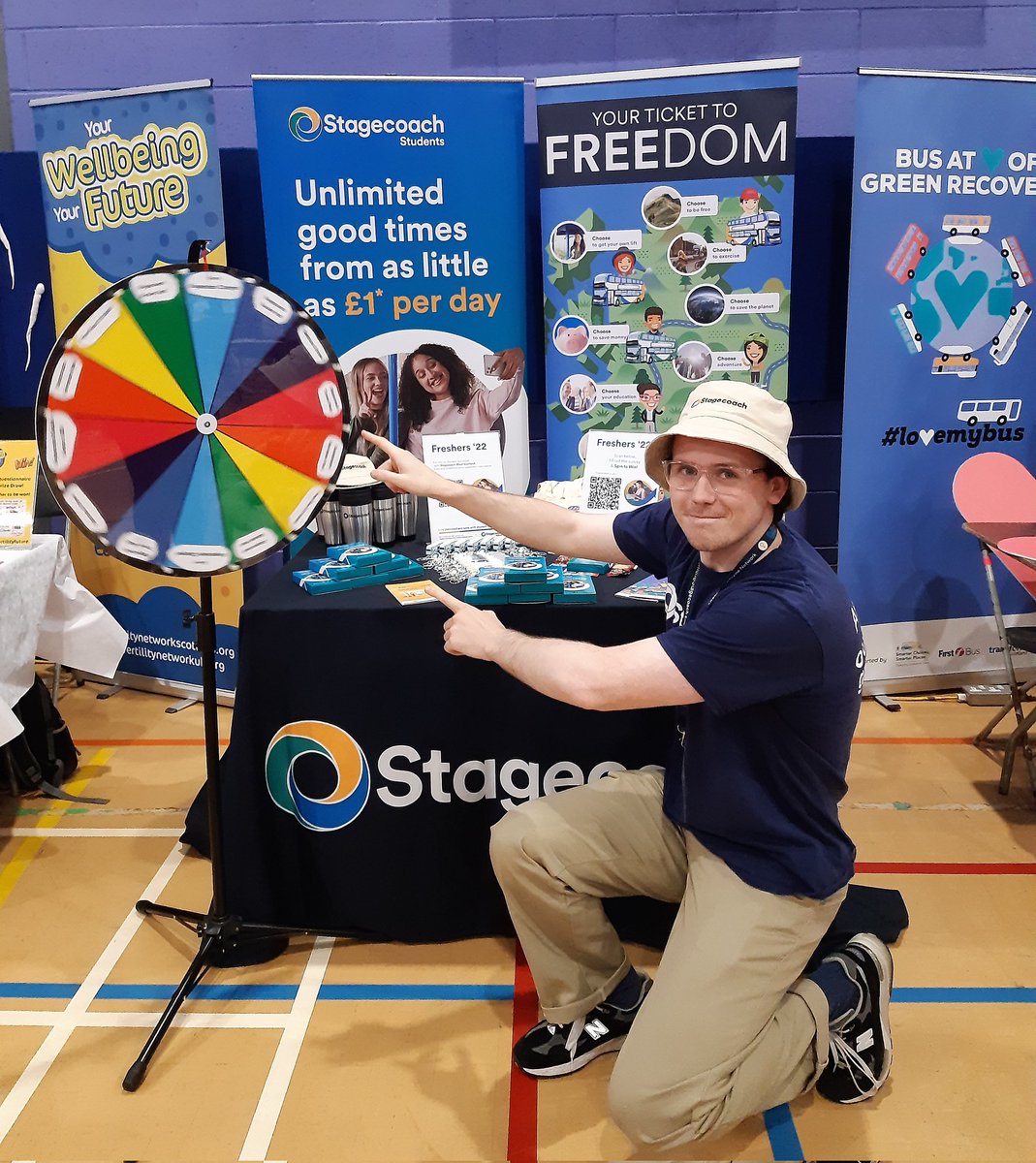 StagecoachWScot's tweet photo. Fancy a spin of our wheel? Win some amazing prizes! We're here till 3pm speaking to students about #DiscountedBusTickets and under 22s' #FreeBusTravel. You'll find us right next to our friends @lovemybus_ #CatchTheBusWeek #lovemybus #GoWithStagecoach https://t.co/HyujreKyCl
