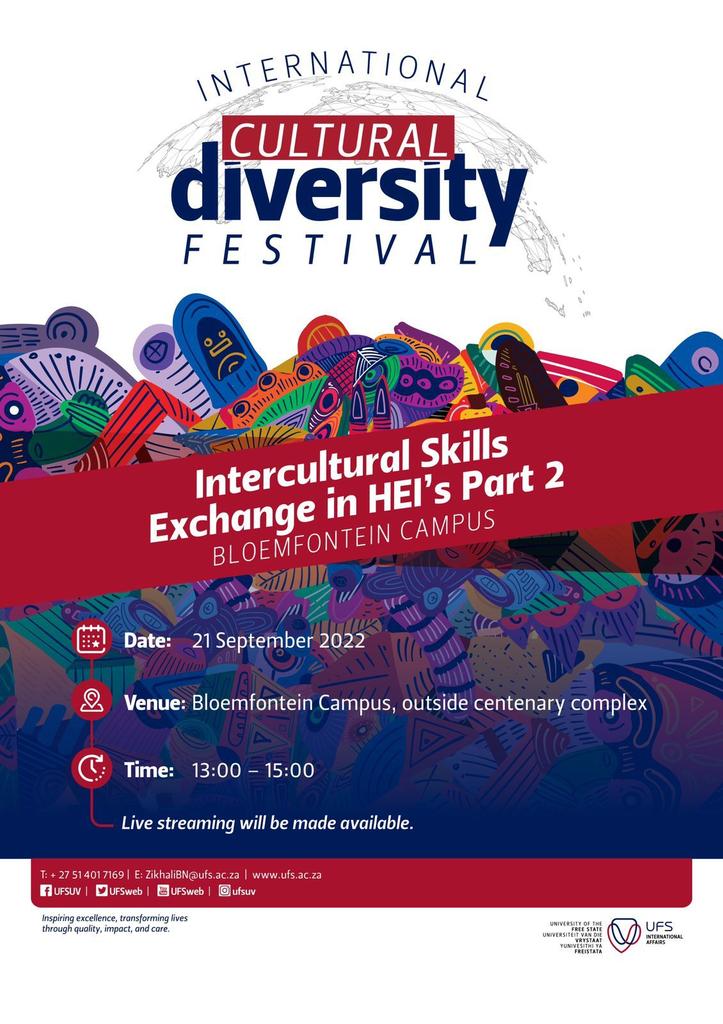 UFSOIA's tweet photo. To celebrate Heritage Month in South Africa, the UFS has organised a series of events across all three campuses. the International Cultural Diversity Festival 2022 will be live streamed on the UFS Live youtube channel. Be part of the conversation #AmaInternational https://t.co/my8SnNnUlG
