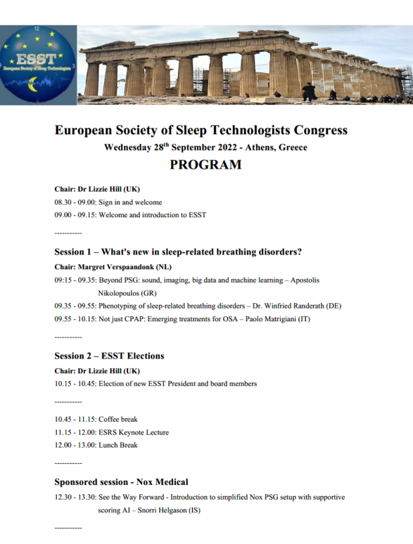 ESSTSleepTechs's tweet image. Join us for the ESST Congress on Wednesday 28 September 2022 in Athens, Greece during @ESRS_Sleep Europe! An excellent scientific programme, and networking with #sleeptechnologists from Europe and beyond. With thanks to our sponsor, @NoxMedical.
esrs.eu/sleep-congress/