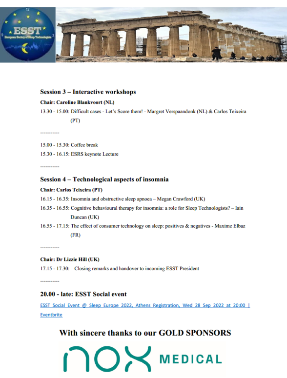 ESSTSleepTechs's tweet image. Join us for the ESST Congress on Wednesday 28 September 2022 in Athens, Greece during @ESRS_Sleep Europe! An excellent scientific programme, and networking with #sleeptechnologists from Europe and beyond. With thanks to our sponsor, @NoxMedical.
esrs.eu/sleep-congress/