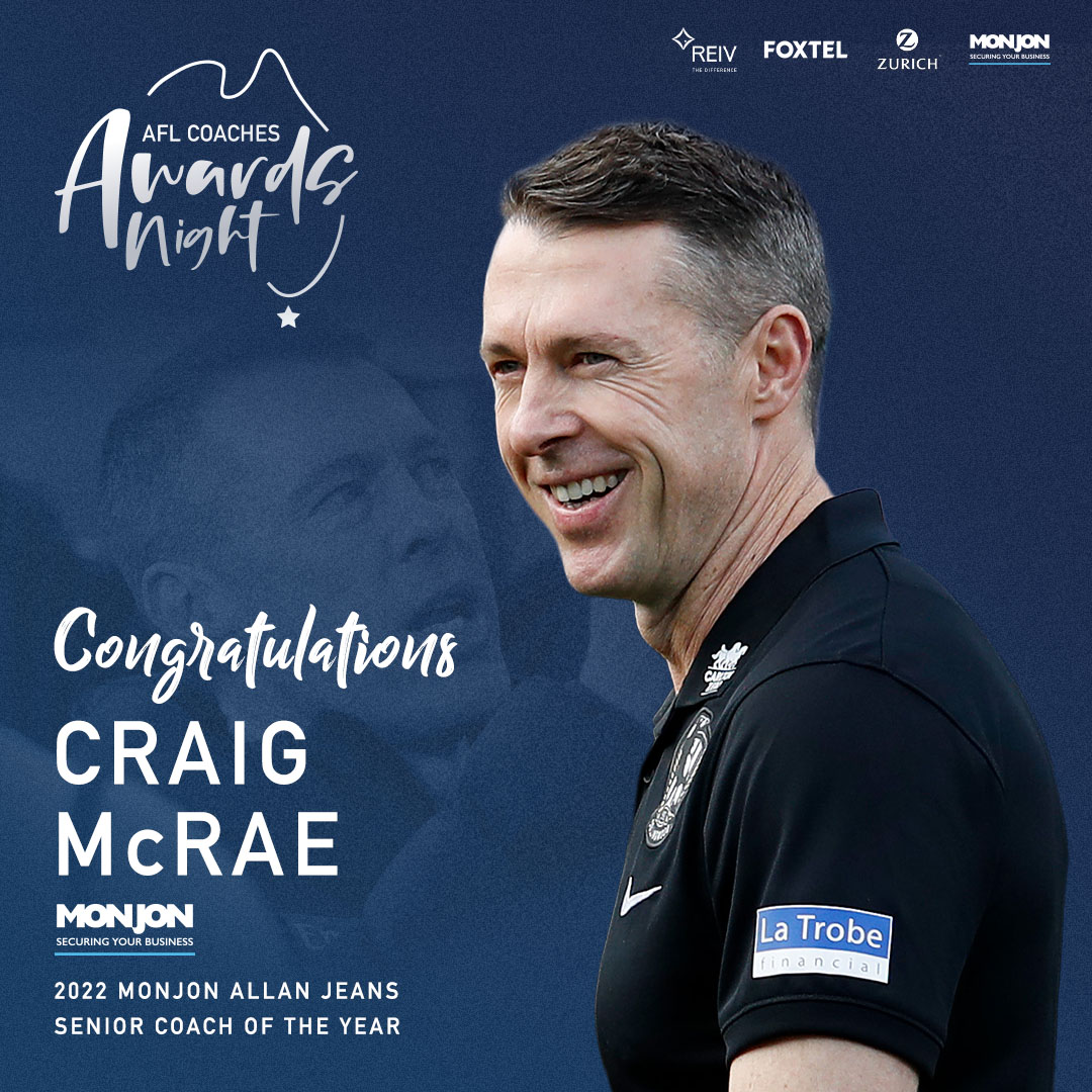 AFLCoaches (@aflcoaches) on Twitter photo 2022 @MONJONAUST ALLAN JEANS SENIOR COACH OF THE YEAR
Congratulations
CRAIG MCRAE <a href="/flybags4/">Craig McRae</a>
<a href="/CollingwoodFC/">Collingwood FC</a>
aflcoaches.com.au 2022 @MONJONAUST ALLAN JEANS SENIOR COACH OF THE YEAR
Congratulations
CRAIG MCRAE <a href="/flybags4/">Craig McRae</a>
<a href="/CollingwoodFC/">Collingwood FC</a>
aflcoaches.com.au