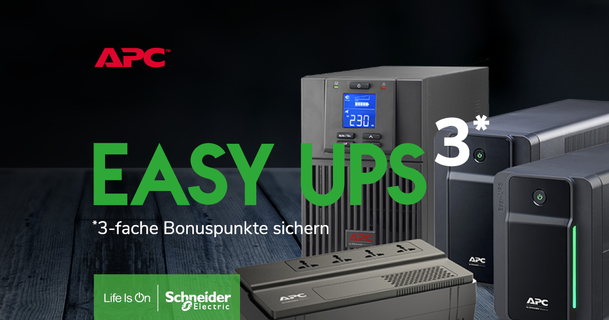 SchneiderElecDE's tweet photo. Ganz easy 3-fache Bonuspunkte abstauben! 😎 Bis Ende des Jahres erhalten Sie beim Power for your Business-Bonuspunkteprogramm für alle Umsätze mit APC Easy #UPS Produkten 3-fache Bonuspunkte gutgeschrieben ℹ️➡️ https://t.co/i9EaSPIeW1 APC by Schneider Electric #USV #Bonusprogramm https://t.co/eCDoy4U2Rb