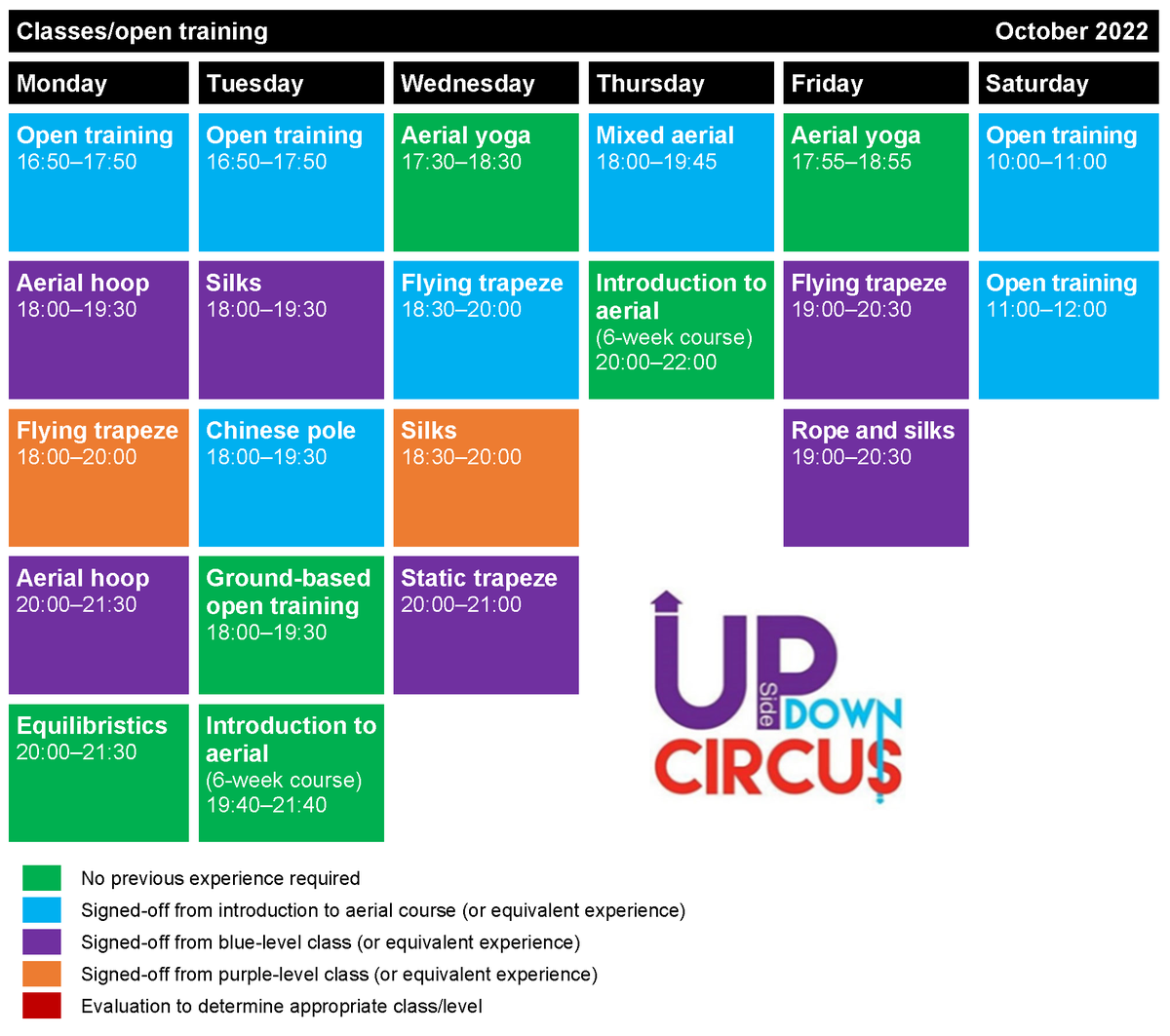 We've got some great classes coming up in October: 
* Two aerial yoga sessions (Wednesday &amp; Friday) 
* New intro to aerial course (starting October 6) 
* Open training back on Saturday mornings 
Rebooking now open. New bookings from this Friday. 
Email info@upsidedowncircus.co.uk
