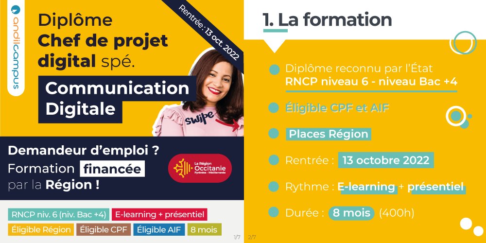 Andilcampus's tweet photo. 🎓 Diplôme Chef de projet #digital spé. #Communication (niv. Bac +4)
💰 Demandeurs d'#emploi :
- résidants en Occitanie : #formation 100% financée par la Région
- non résidants en Occitanie : CPF, Pôle emploi (AIF)
📅 Rentrée 13/10
🔗 https://t.co/x7RaAIJpoy

#branding #marketing https://t.co/gYkxpFD42Q