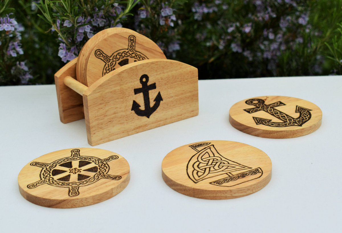 I created with these seafaring designs as a wedding gift for an old sailor. Now they are available on this set of hand burnt wooden coasters nestled in their own stand. 
etsy.me/3BVKxdK via Etsy

#NauticalGifts #WoodenCoasterSet #WeAreSailing #OnlineCraft #PyrographyGift