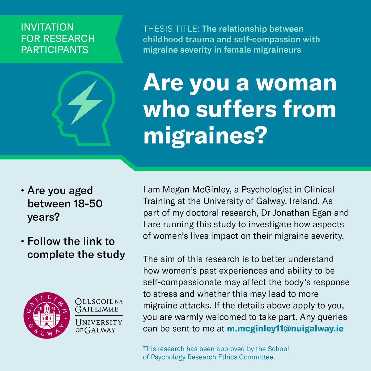 MMcginley28's tweet photo. As part of my thesis for the Doctorate in Clinical Psychology with the University of Galway, I am looking to recruit women from Ireland and the UK that experience migraines. If you would like to take part in this study, please follow this link https://t.co/gr9p8zyXlg https://t.co/pPei6hkxV5