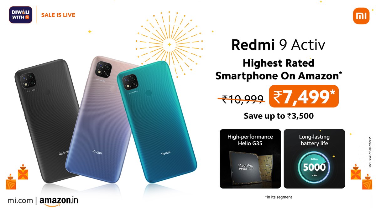 RedmiIndia's tweet photo. Do you want to get your hands on the highest-rated smartphone on @amazonIN under 8k ?

Head to our #DiwaliWithMi sale ⬇️
#Redmi9Activ is available at just ₹7,499*. 

🛒 https://t.co/LAyyufYoVH https://t.co/XP9sGbPumz