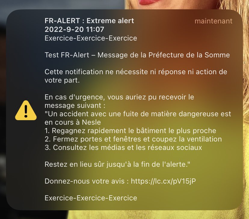 Max_Mchlr's tweet photo. Le message reçu ce matin par FR-ALERT… il faudra peut être revoir la sonnerie d’alerte, le message a failli créer un accident sur l’autoroute quand nos 2 téléphones + la voiture se sont mis à hurler… nous avons d’abord cru à une défaillance de la voiture avant de comprendre ! https://t.co/eQR611DfXq
