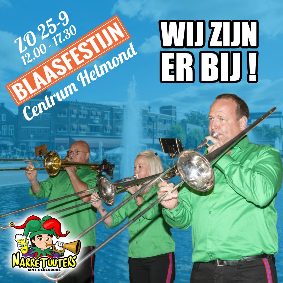 narretuuters's tweet photo. Aanstaande zondag spelen wij tijdens het 𝒃𝒍𝒂𝒂𝒔𝒇𝒆𝒔𝒕𝒊𝒋𝒏 in Helmond tussen 12.00 en 17.30! In totaal doen er 24 kapellen mee, het belooft een 𝒇𝒆𝒆𝒔𝒕𝒋𝒆 te worden! 💚 Blaasfestijn Centrum Helmond #blaasfestijnhelmond #narretuuters #speule #blaaskapel #dweilorkest https://t.co/8xkD11JgLs