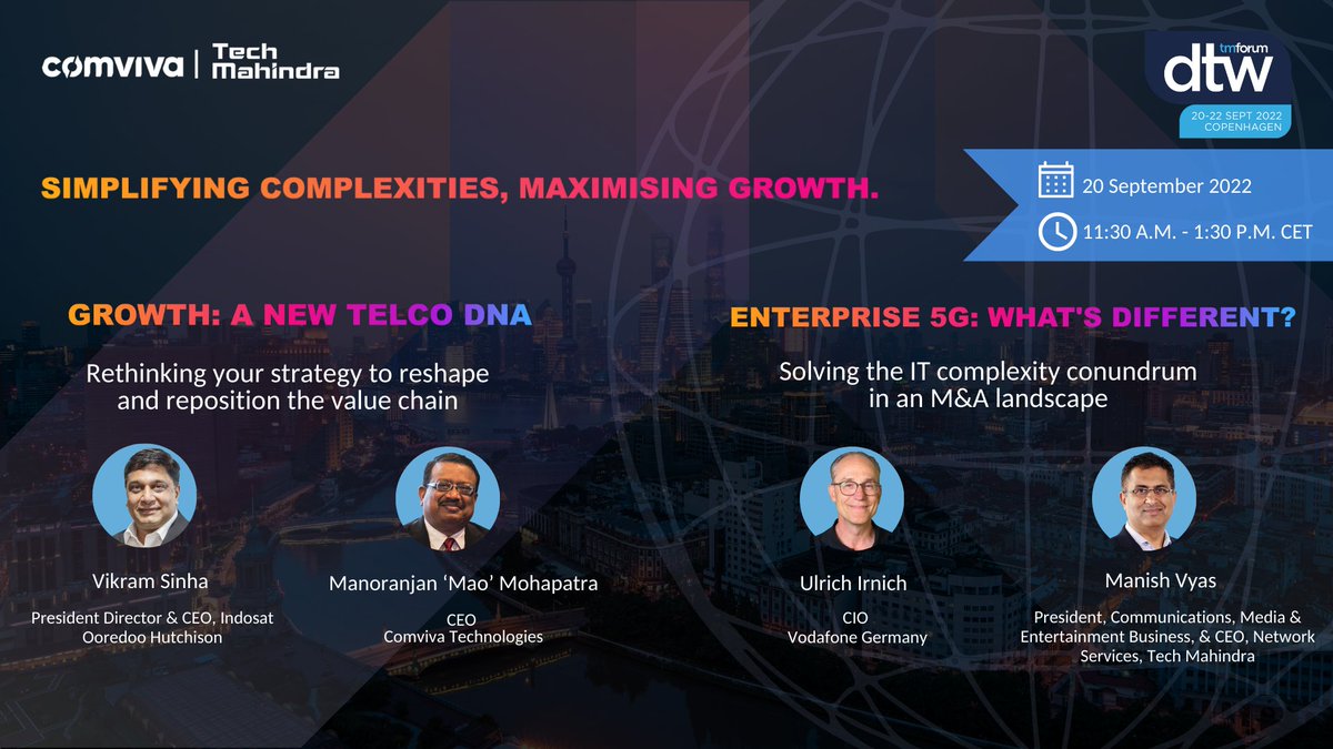 ComvivaTech's tweet photo. Our leaders are all set to simplify complexities and maximise growth at the #DTW 2022. Come, and meet us in Copenhagen as we discuss about the future of telcos and enterprise 5G with leading industry experts. Learn more: https://t.co/ovM3y0mruq #ComplexitySimplified #TMFDigital https://t.co/fMiR6HGgVo