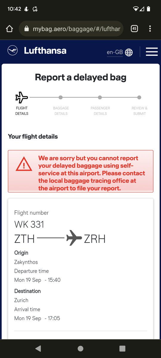 rachystokes's tweet photo. Only told to report lost baggage online... Can't get past stage 1 #Lufthansa #Lufthansa_Airline #lostbaggage #HELP @lufthansa https://t.co/MHP1YWp0n6